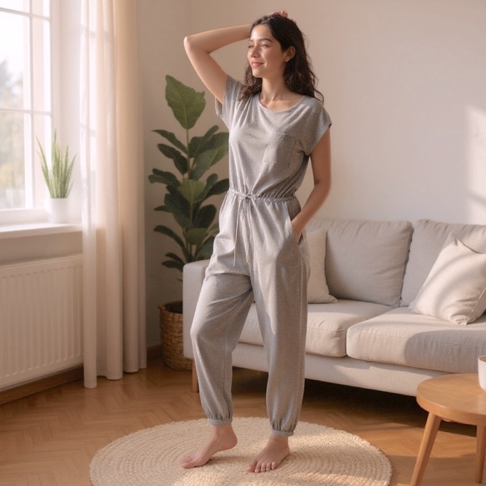 CHARLOTTE AVERY Capped Sleeve High Waist Knit Jogger Style Jumpsuit